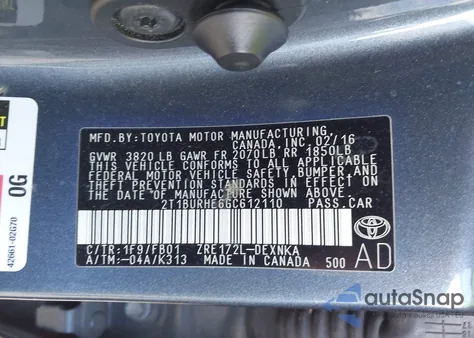 2016 Toyota Corolla Le из США, поврежденный, VIN 2T1BURHE6GC612110